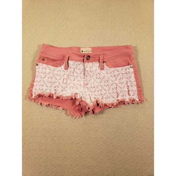 Roxy Denim Shorts Womens 5 Pink Lace Overlay Regular Fit Cut Off Shorts Zip Fly - Picture 1 of 7